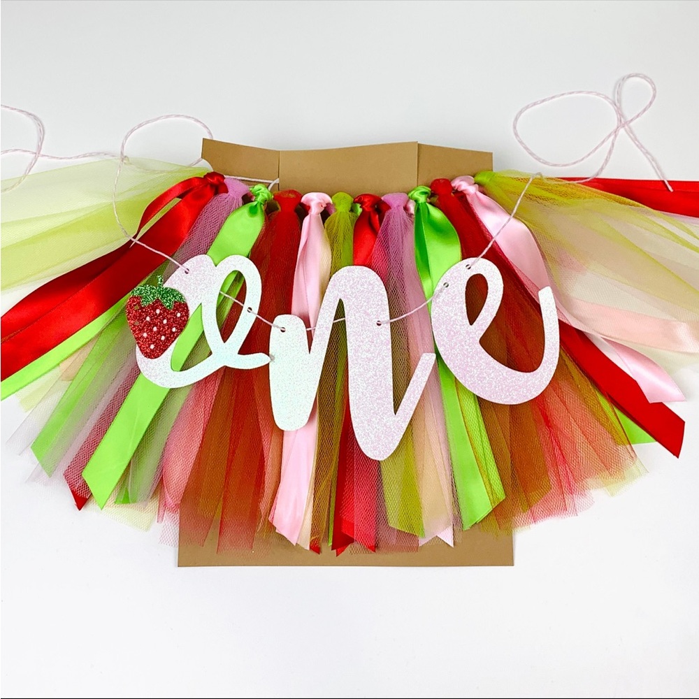 Strawberry theme first birthday highchair banner